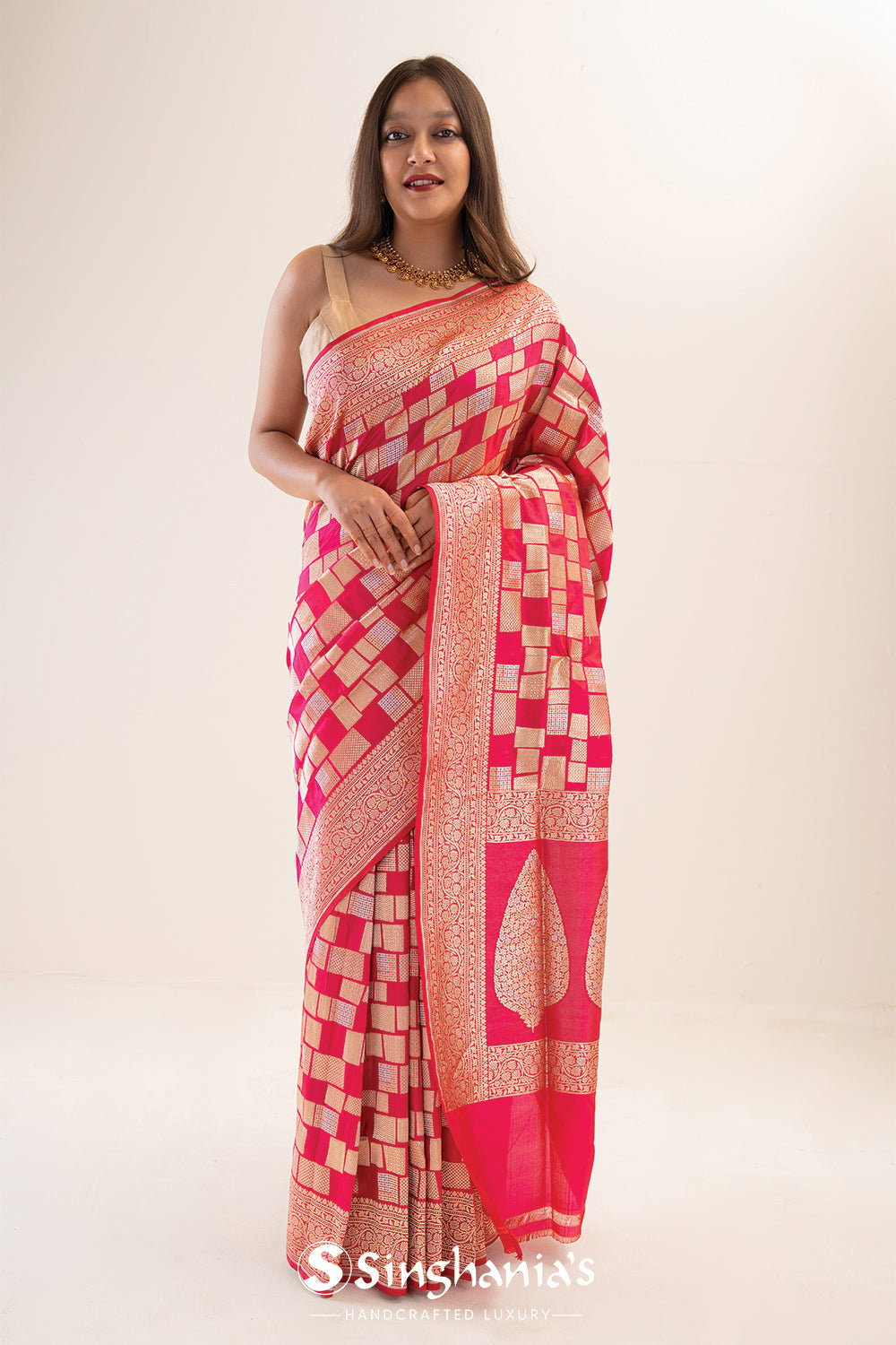 French Pink Banarasi Silk Saree With Geometric Pattern