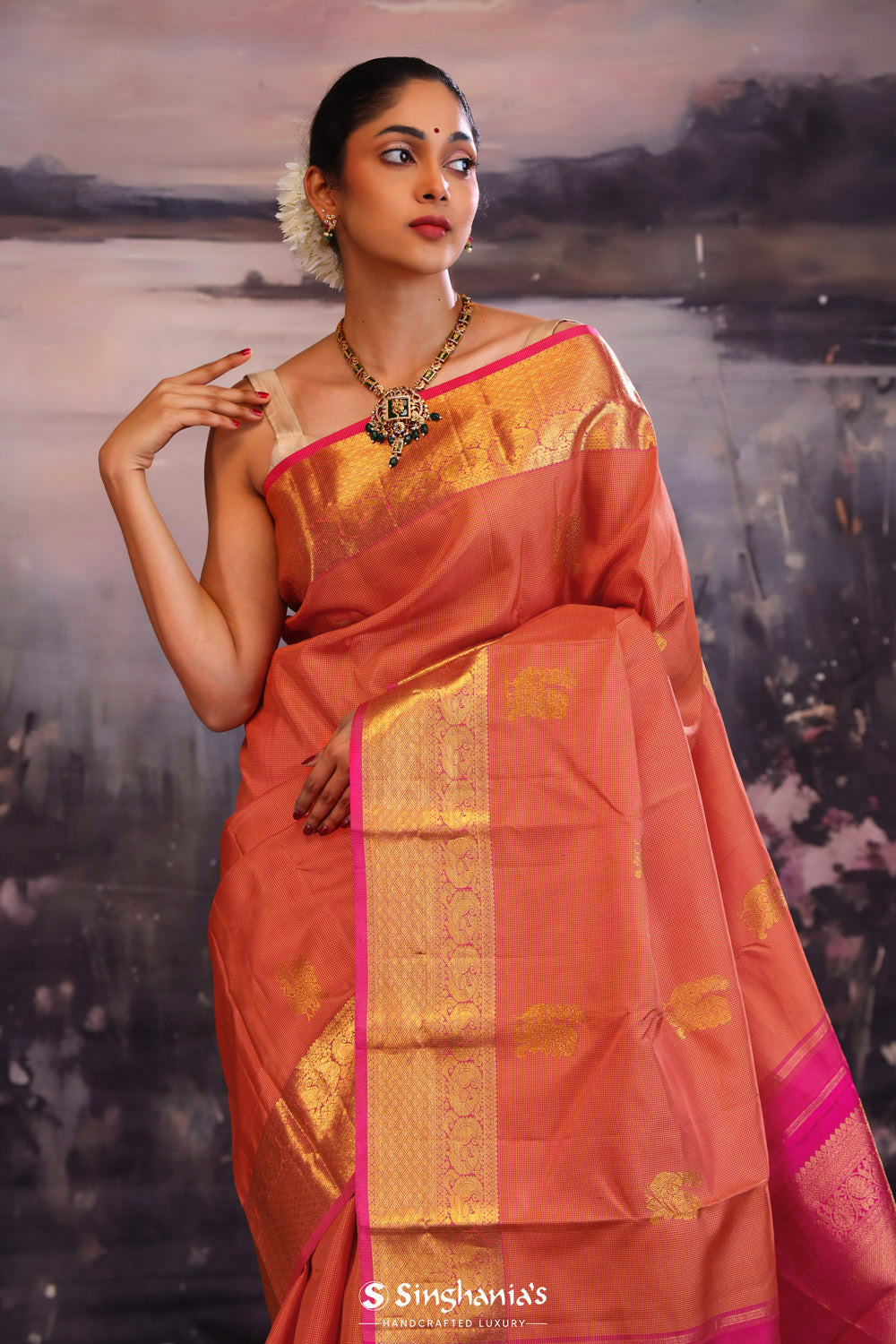 Deep Orange Kanjivaram Silk Saree With Contrast Border
