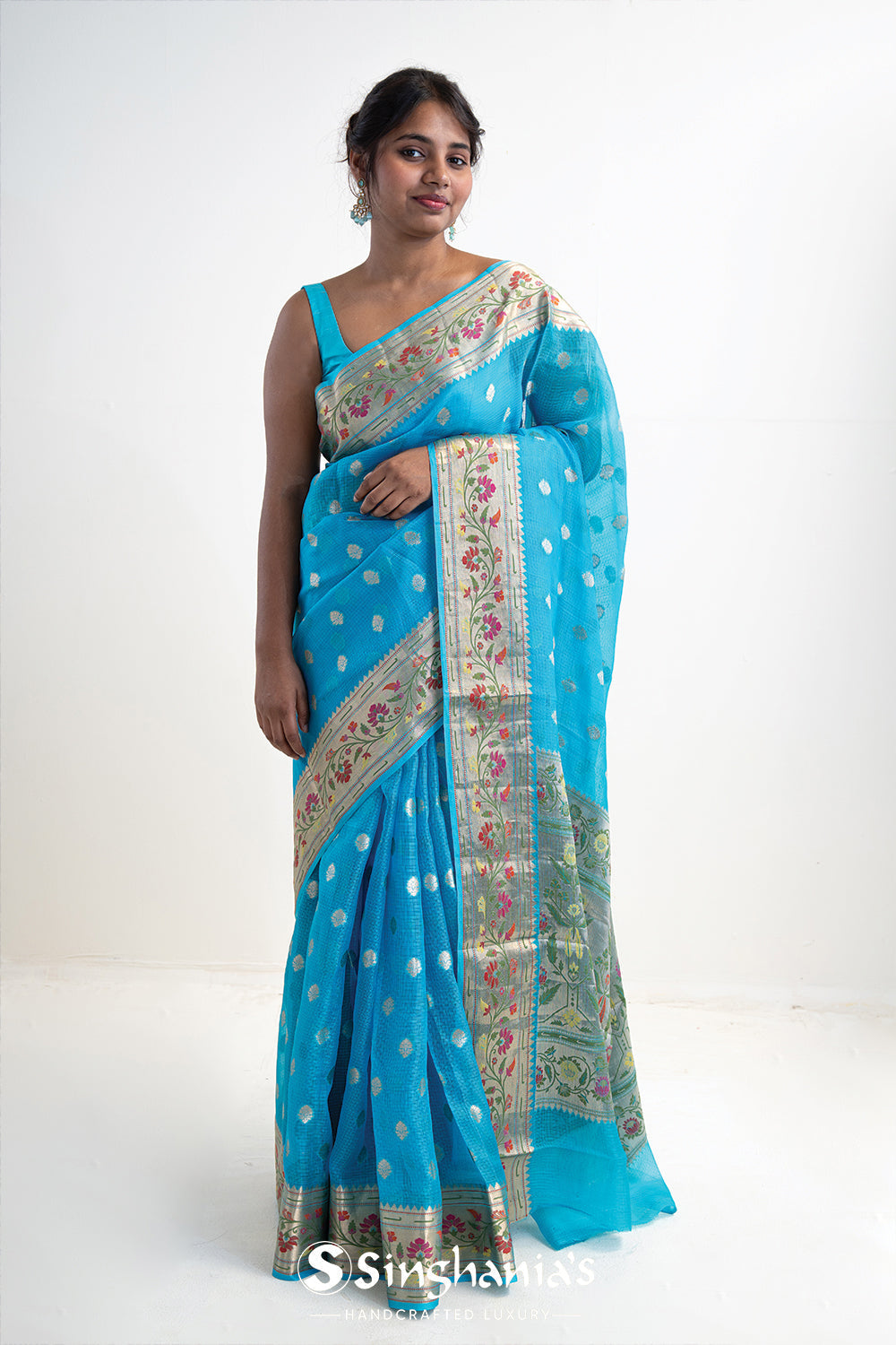 Capri Blue Banarasi Kota Saree With Floral Patterns