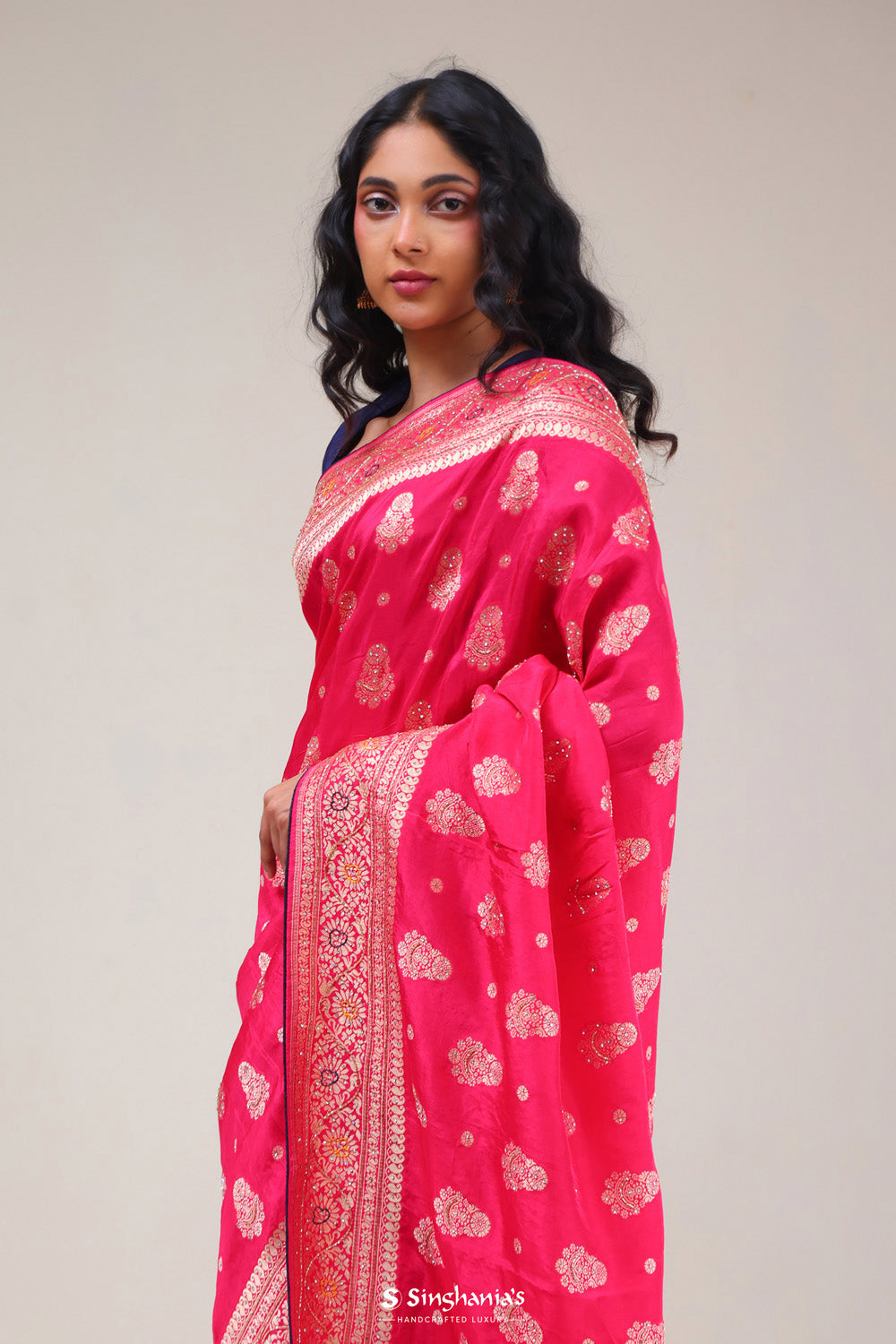 Amaranth Pink Silk Butta Handcrafted Saree