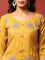 Mustard tissue fabric embroidered three piece suit set with contrast dupatta