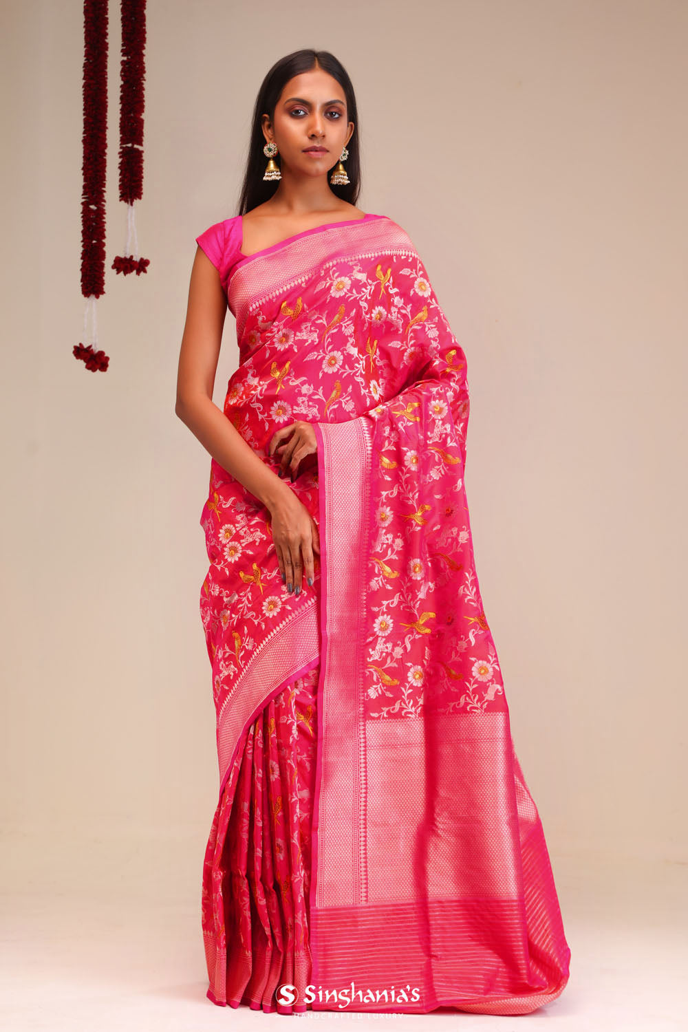 Jangla Banarasi Silk Saree In Punch Pink