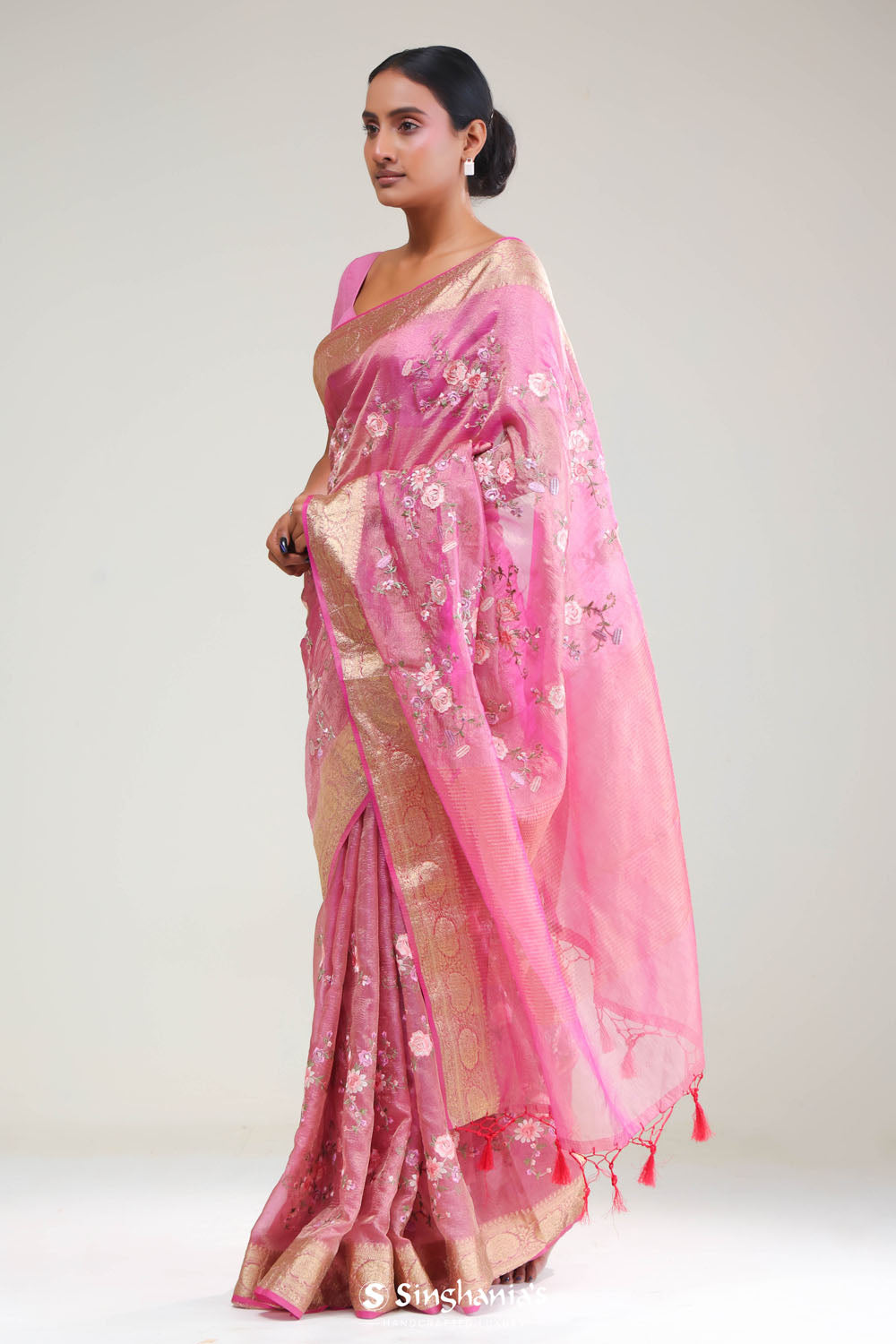 Hot Pink Crafted Tissue Saree