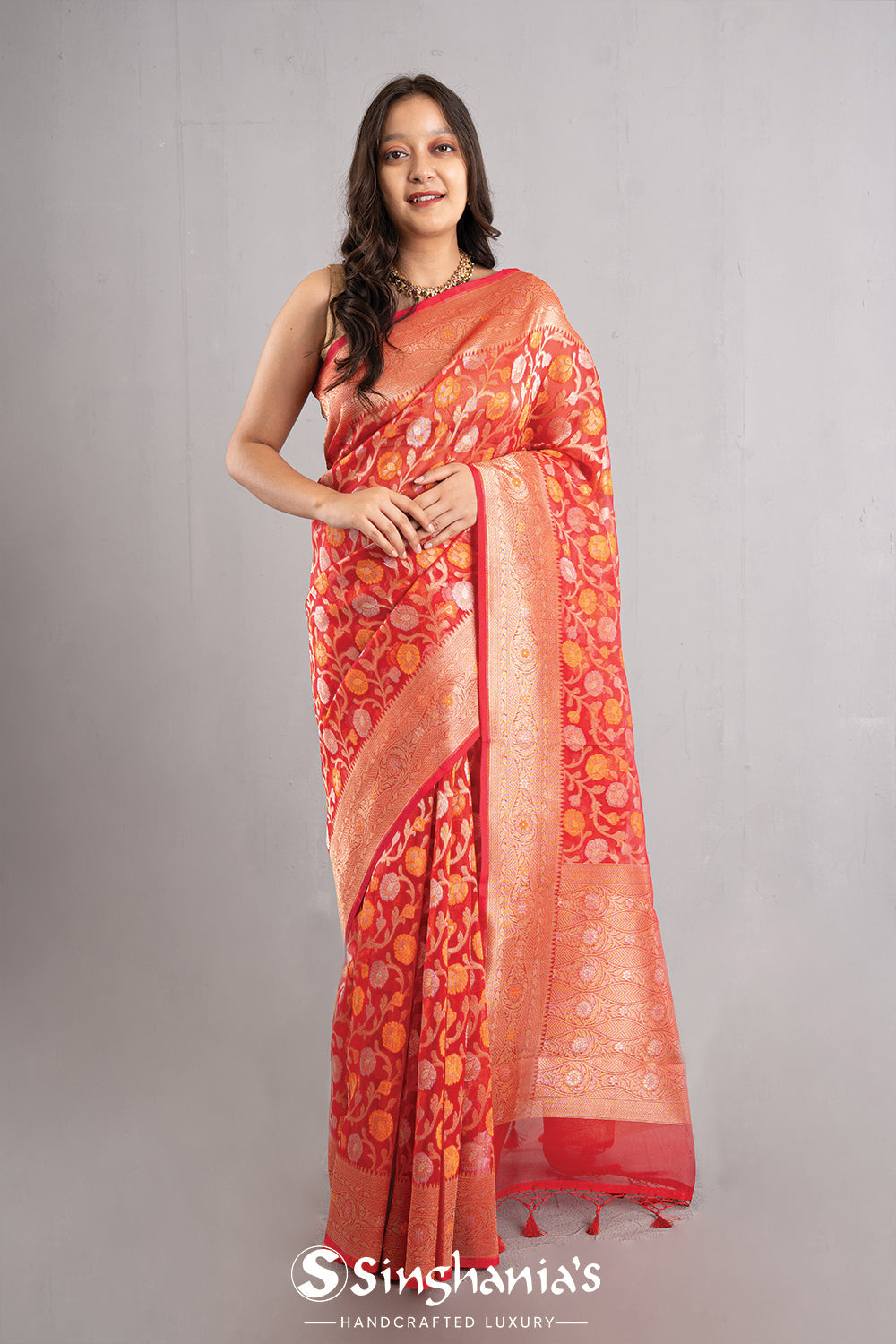 Coral Pink Jaal Organza Banarasi Saree
