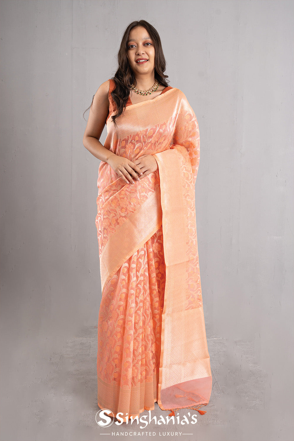 Creamy Peach Jaal Organza Banarasi Saree