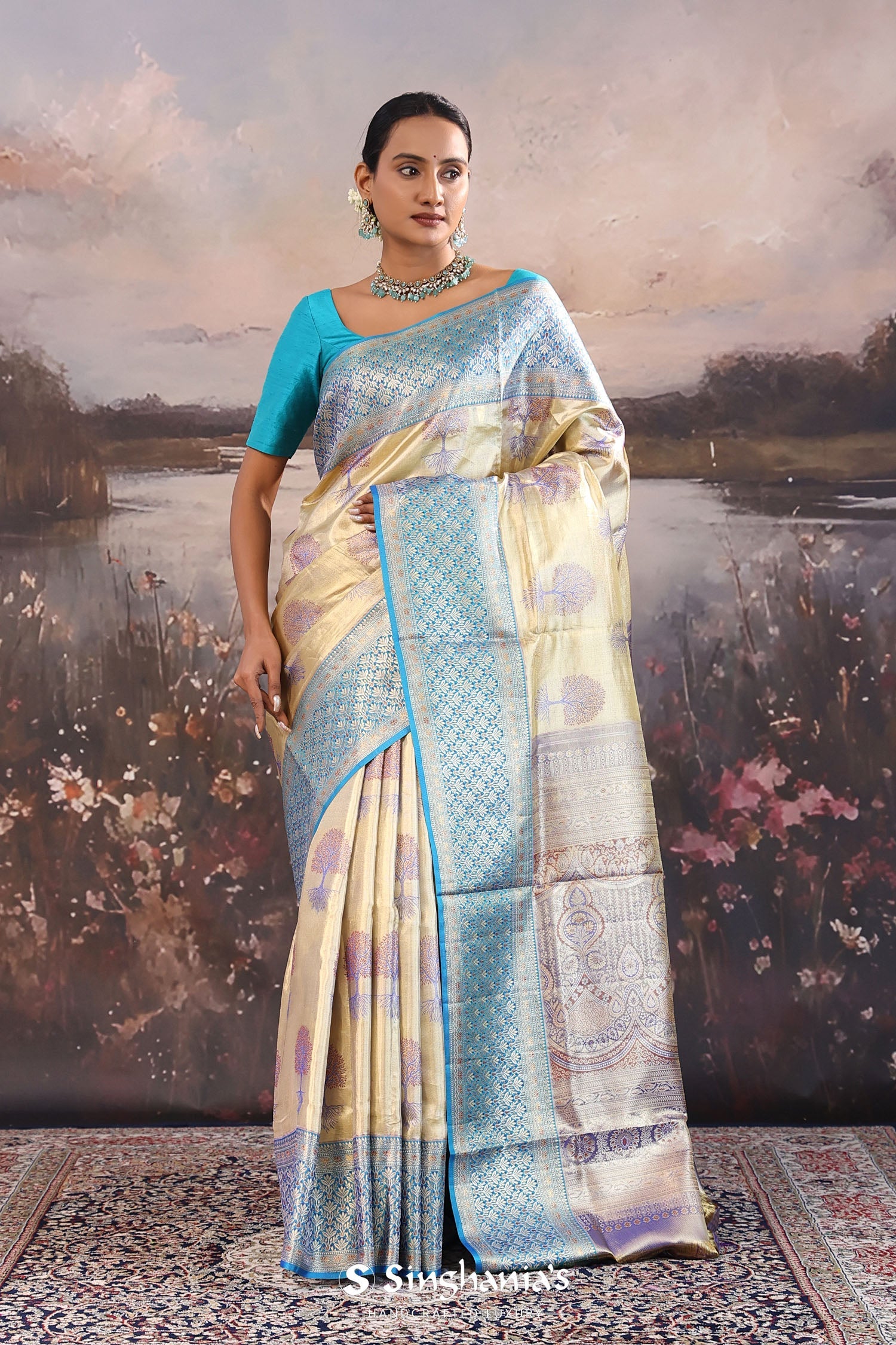 Bone Orange Kanjivaram Tissue Saree With Contrast Border