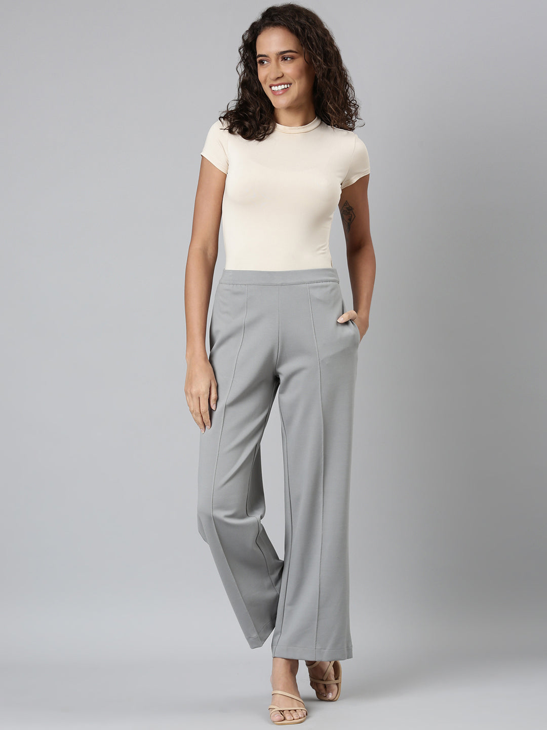 Women Solid Light Beige Ponte Wide Leg Pants