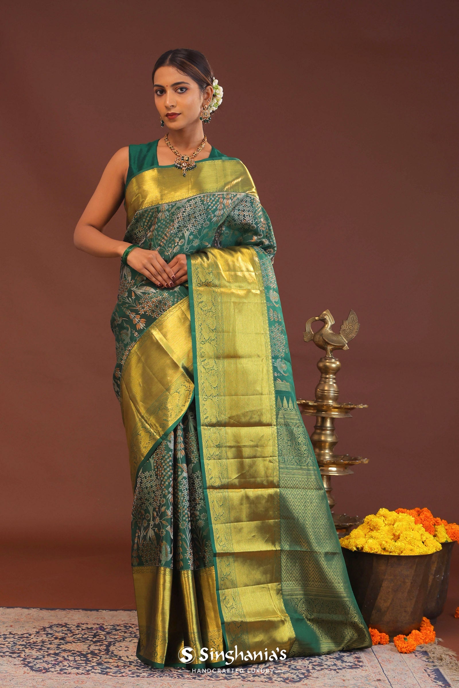 Bottle Green Kanjivaram Saree With Gold Zari Border