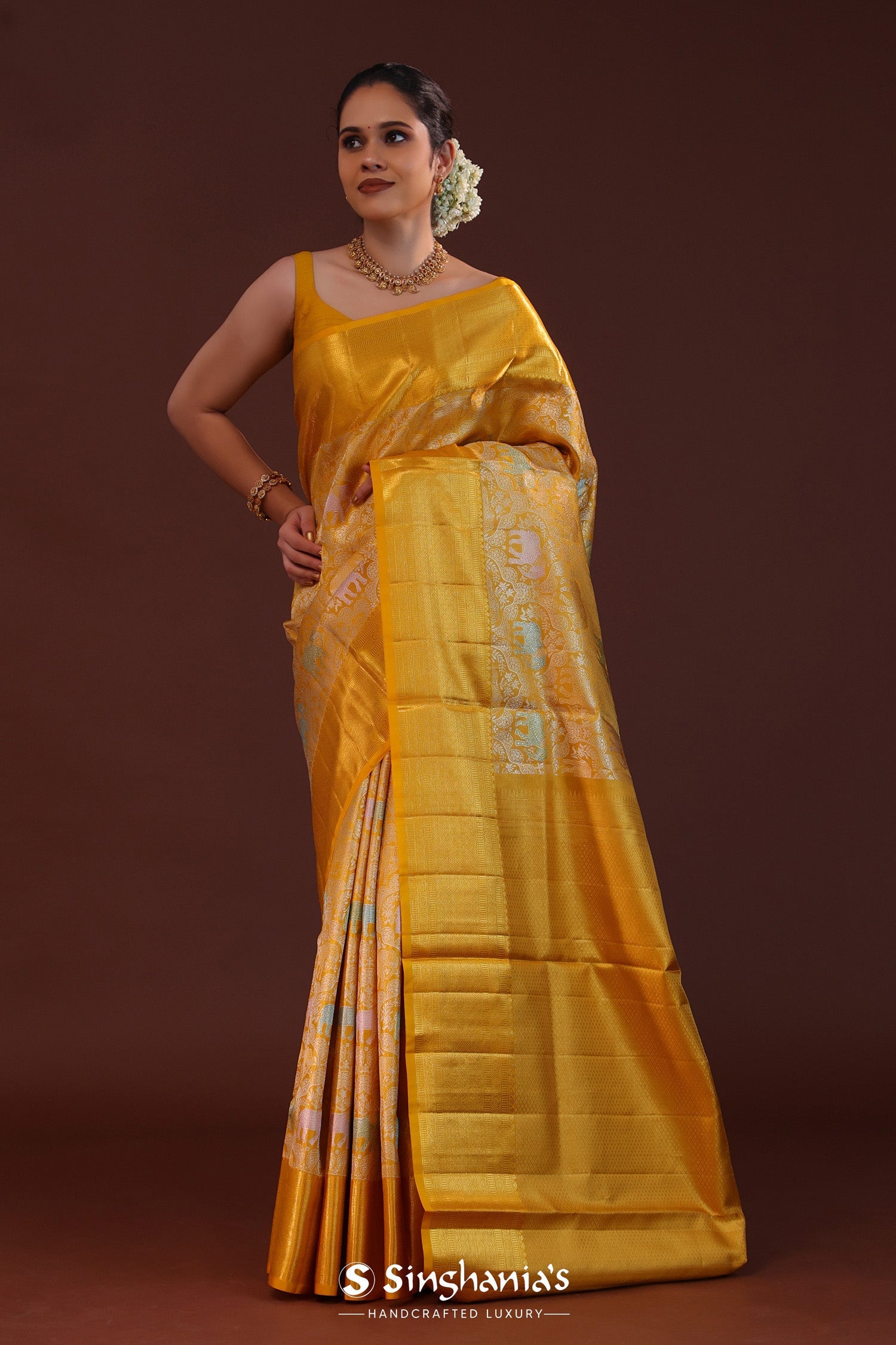 California Gold Kanjivaram Silk Saree With Elephants Motifs
