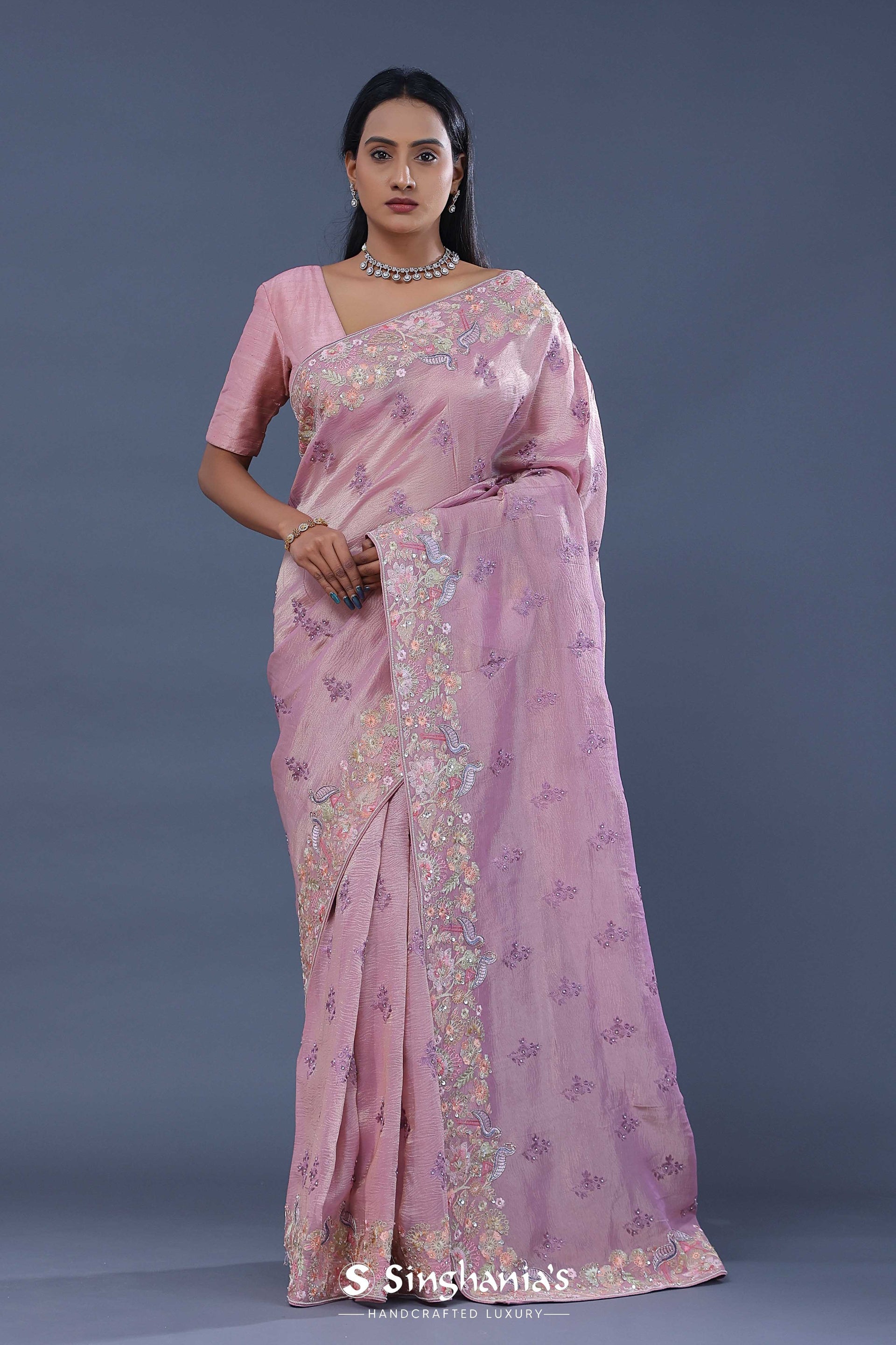Carnation Pink Crushed Tissue Saree With Embroidery Work