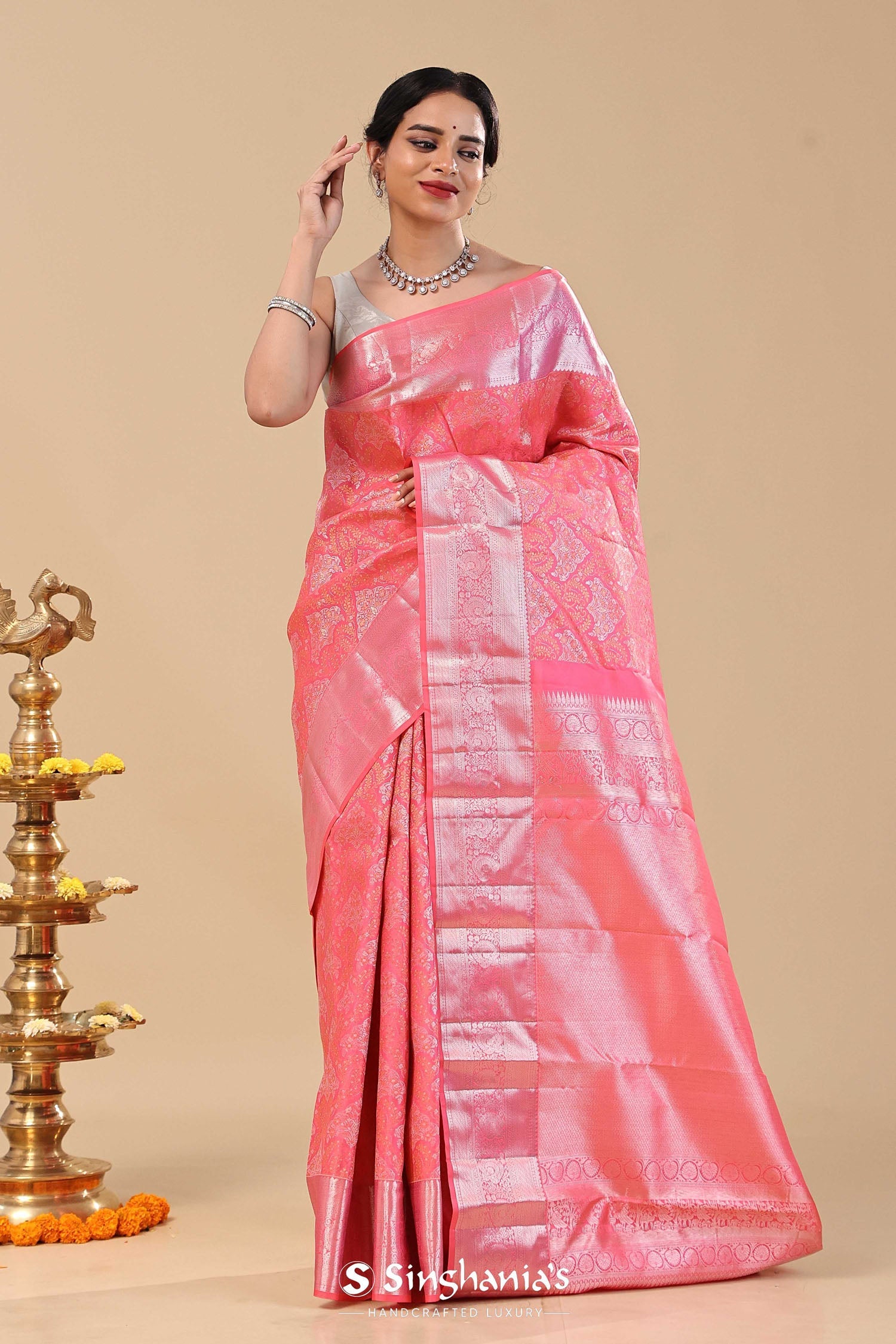 Dark Coral Pink Kanjivaram Saree With Floral Design