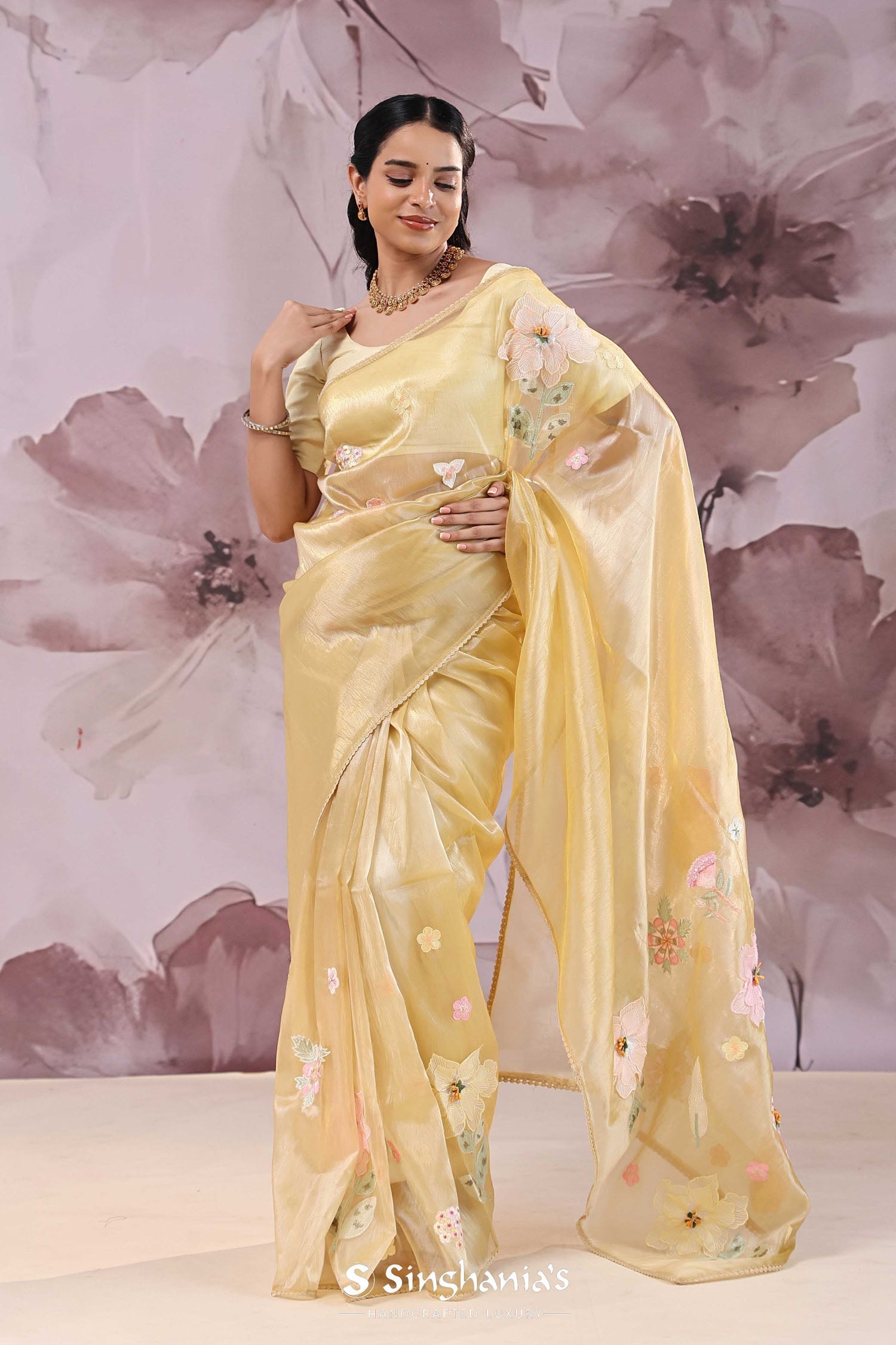 Brass Yellow Organza Saree With Floral Embroidery