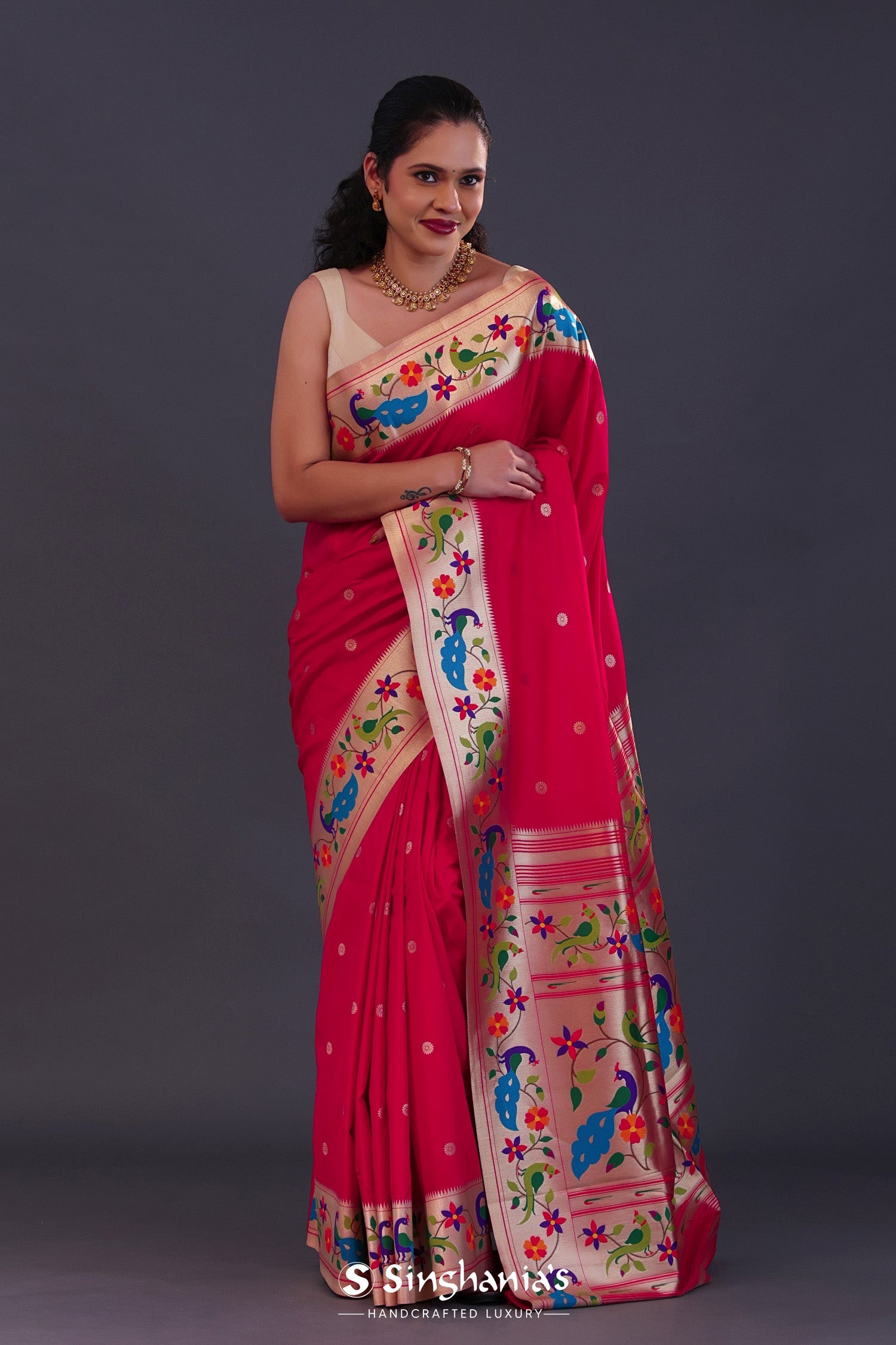 Paprika Red Paithani Saree With Floral Butti'S