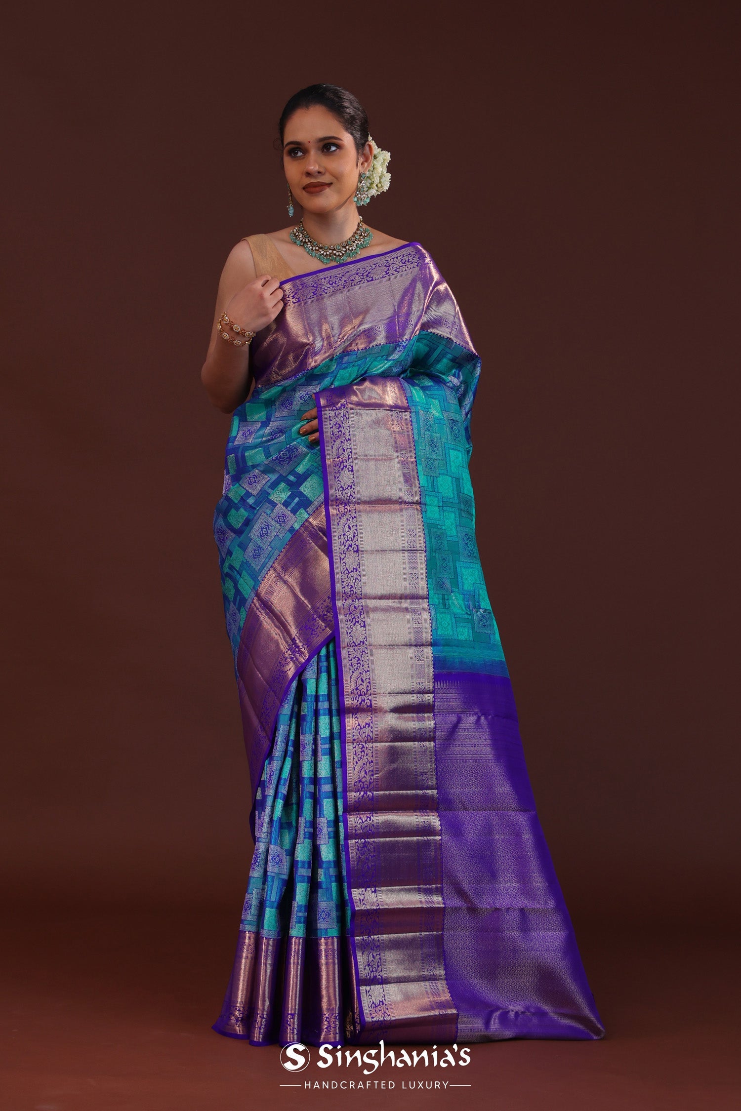 Blue Kanjivaram Silk Saree With Contrast Purple Border