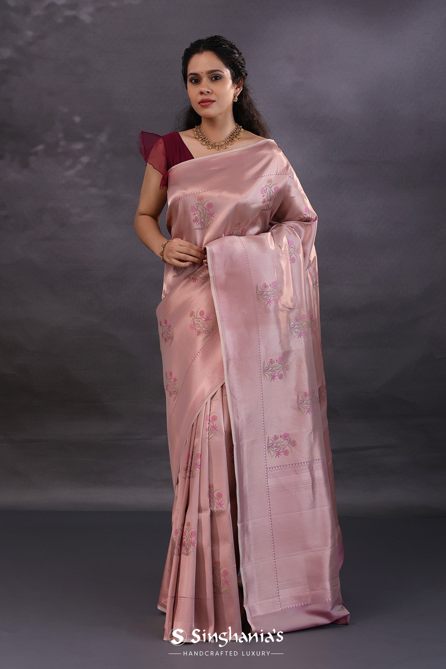 Pastel Pink Banarasi Silk Saree With Meenakari Jaal