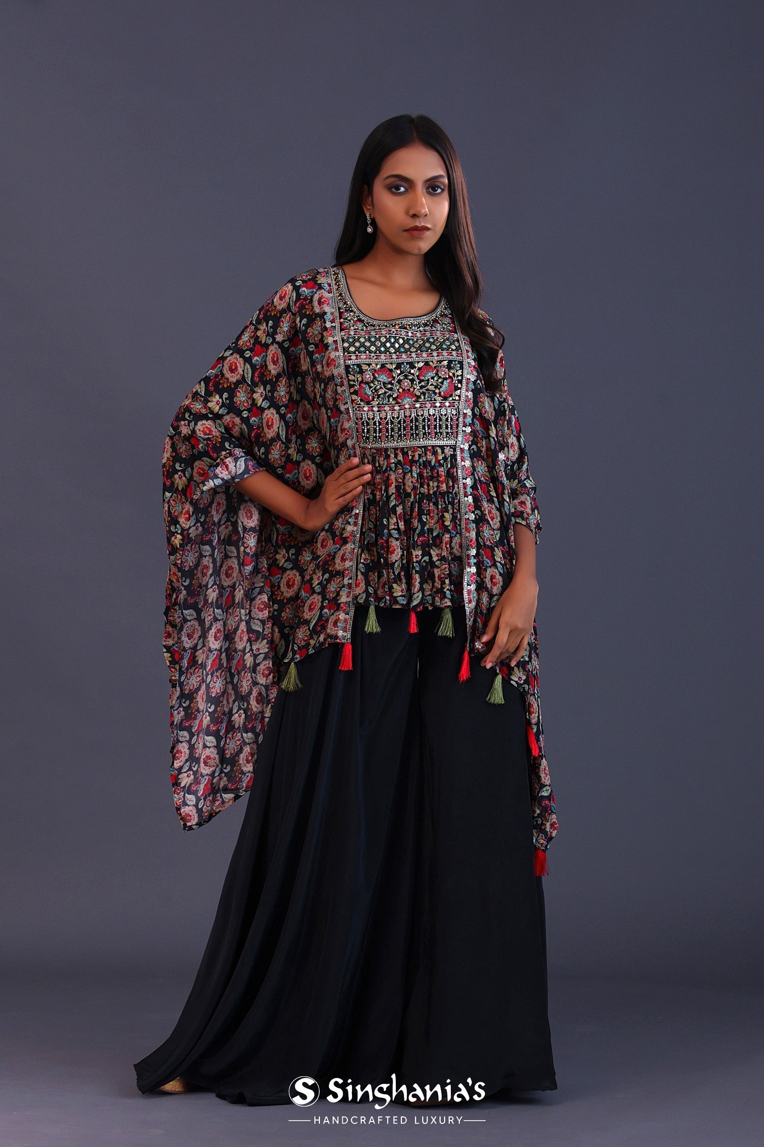 Black Crepe Silk And Chiffon Floral Peplum Set.