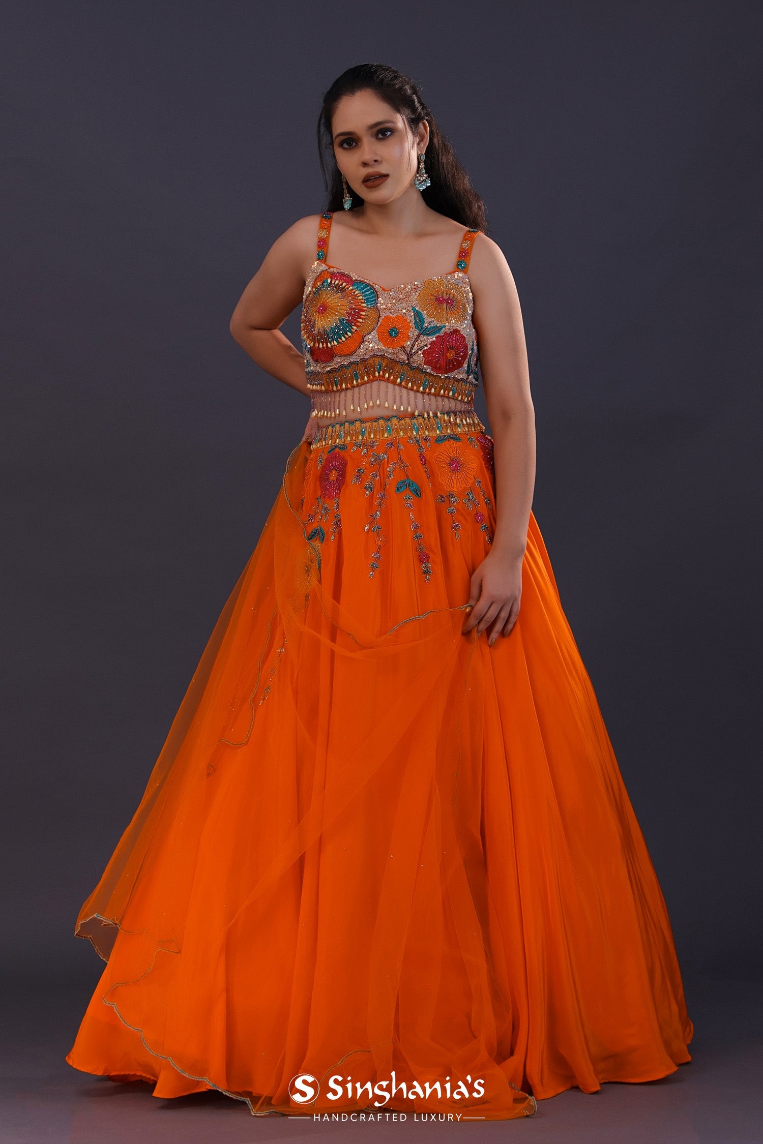 Bright Orange Tissue Organza Embroidered Lehenga Set