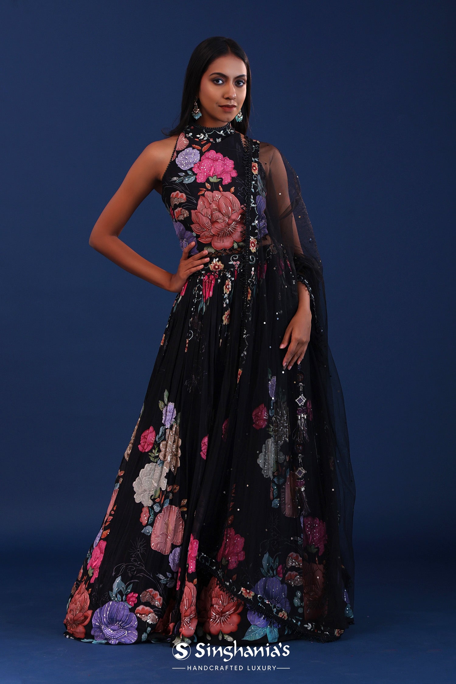 Black Organza Floral Lehenga Set