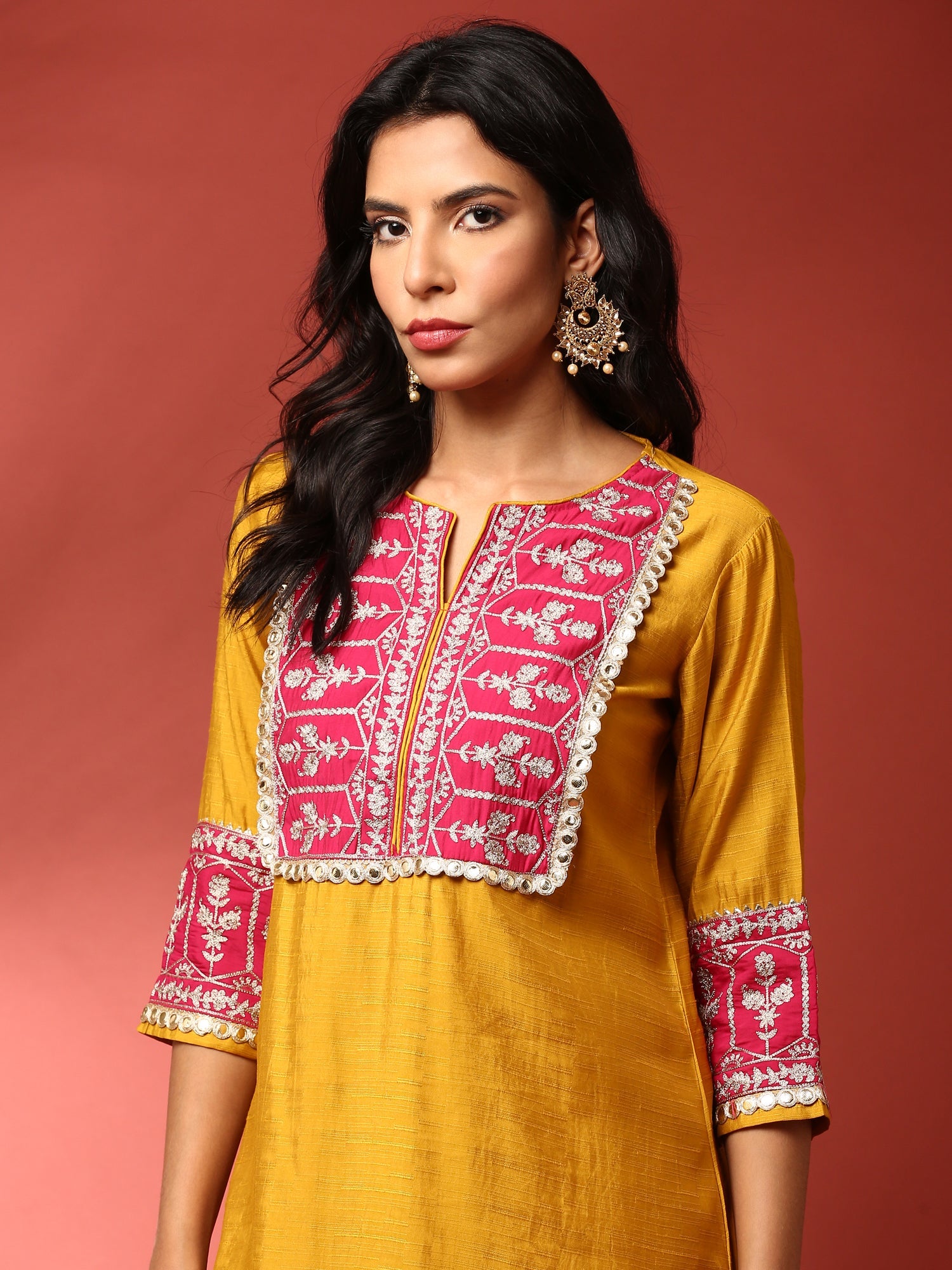 Mustard and Pink Silk Fabric Aari embriodery two piece cord set