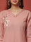 Light pink linen thread embroidery two piece suit set