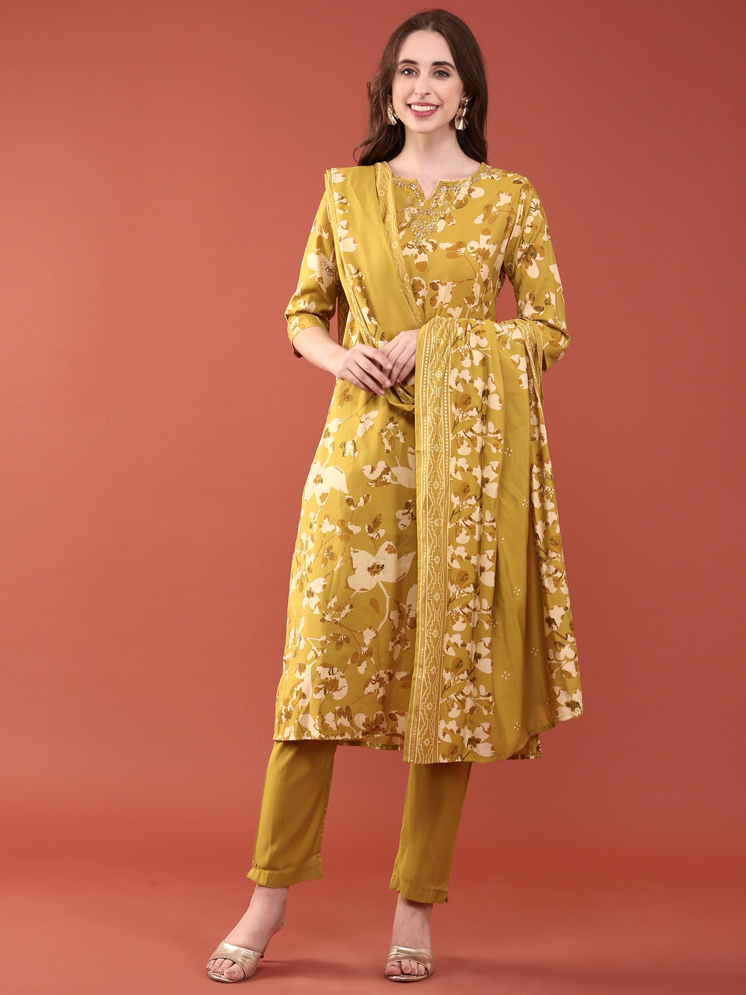 Lime Green Dola Silk Digital Print Three Piece Set