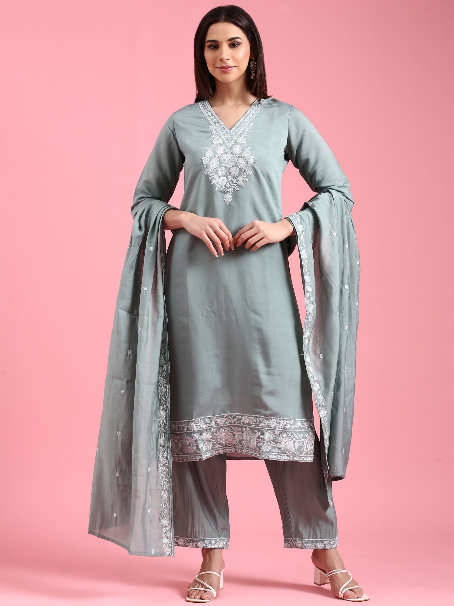 Aqua Modal Silk Embroidery Three Piece Suit Set