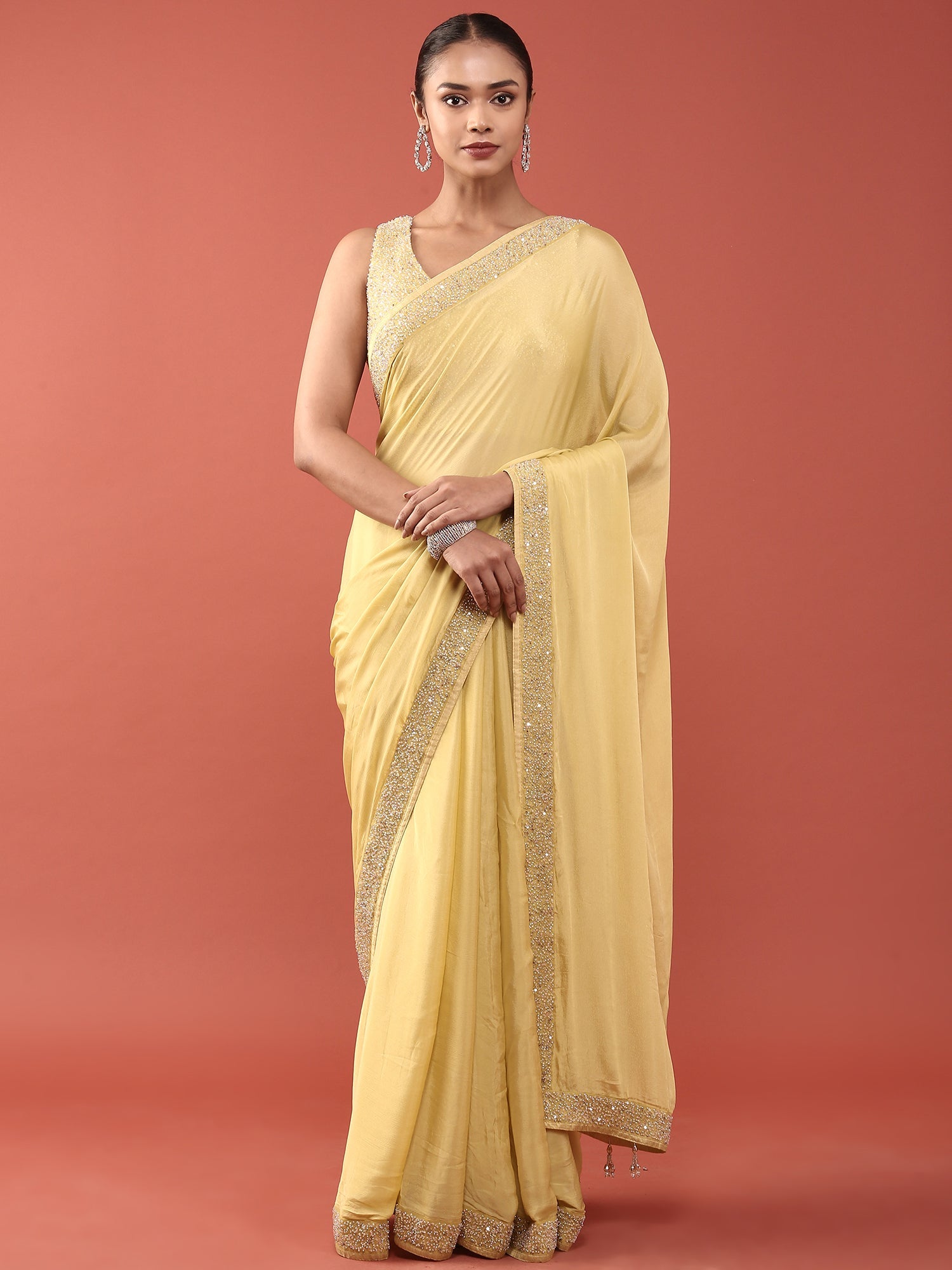 Lime Green Crepe Stone And Thread Embroidery Saree With Readymade Blouse