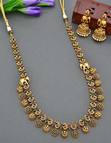 Antique Long Necklace Set With 2 Side Elephant Design