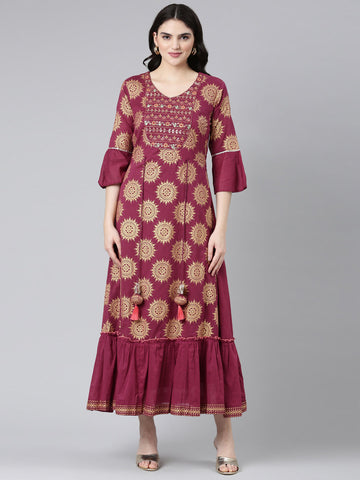 Neeru's Maroon Straight Casual Printed Dress