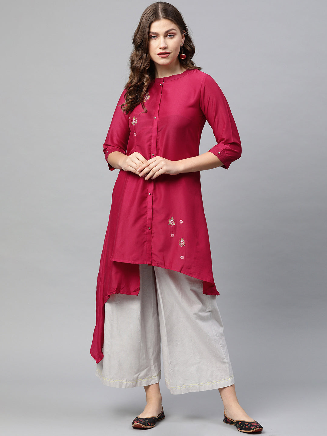 Neeru's Pink Embroidered High Low Kurta