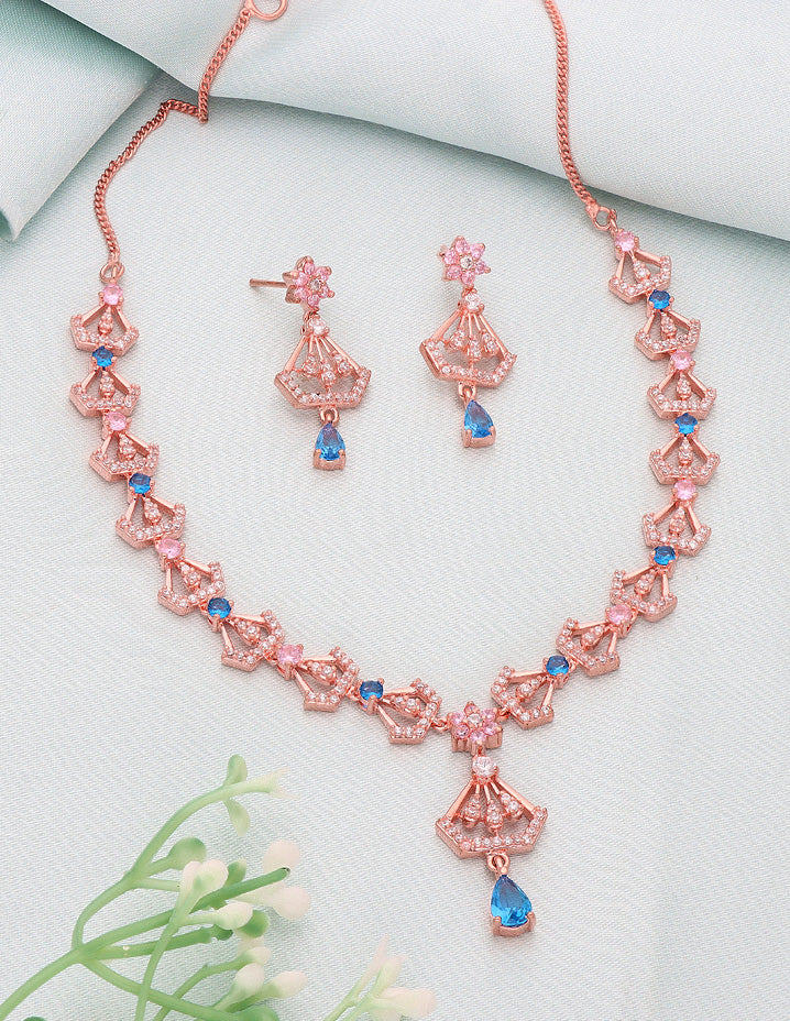 Floral Design Rose Gold Zirconia Necklace Set