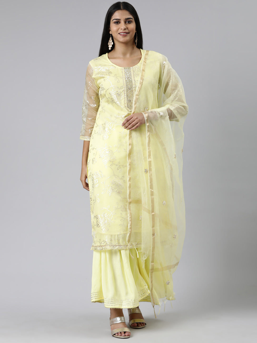 Neeru's Yellow Regular Calf Length Printed Kurta Solid Palazzos With Dupatta