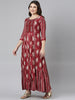 Neeru's Maroon Flared Casual Printed Dress