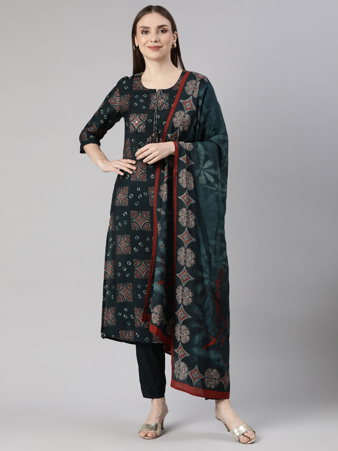 Neerus Blue Regular Straight Geometric Kurta And  Trousers With Dupatta