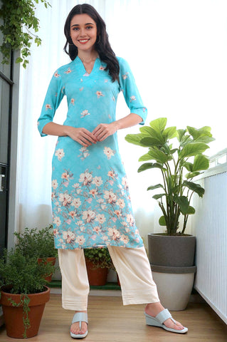 Blue Floral Printed Modal Straight Kurta