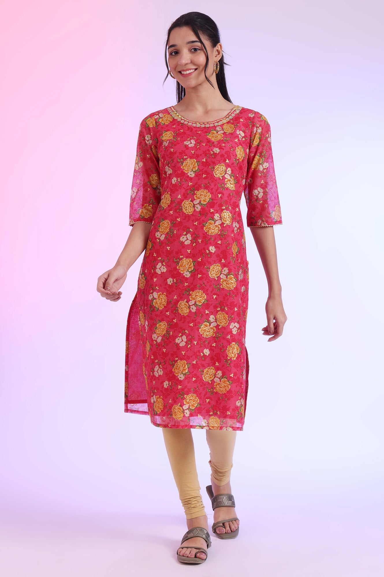 Carmine Pink Floral Printed Kota Straight Kurta