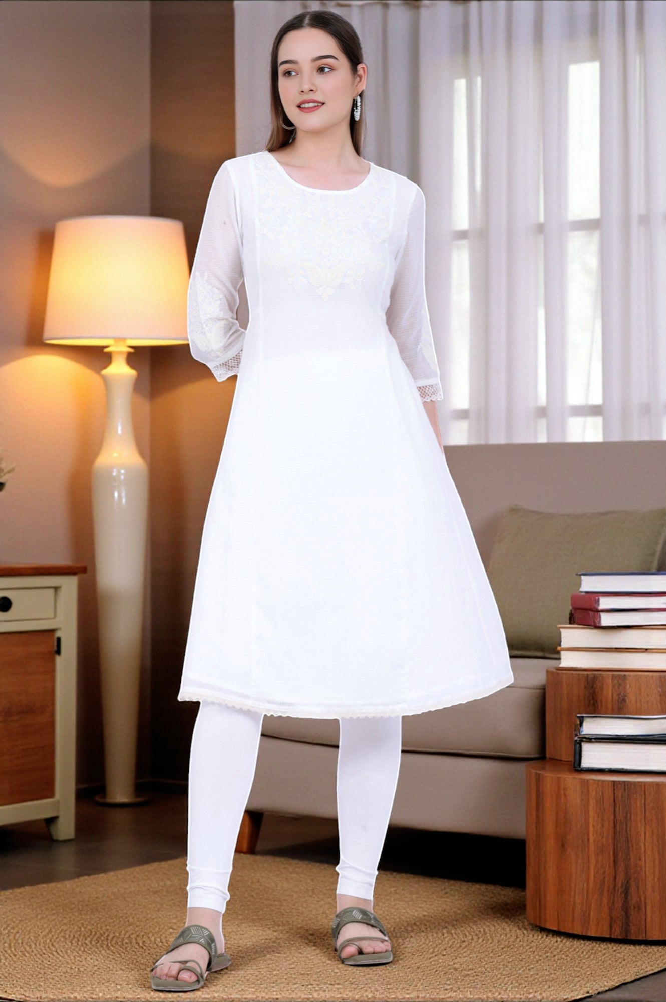 Beige Embroidered A-Line Cotton Blend Kurta