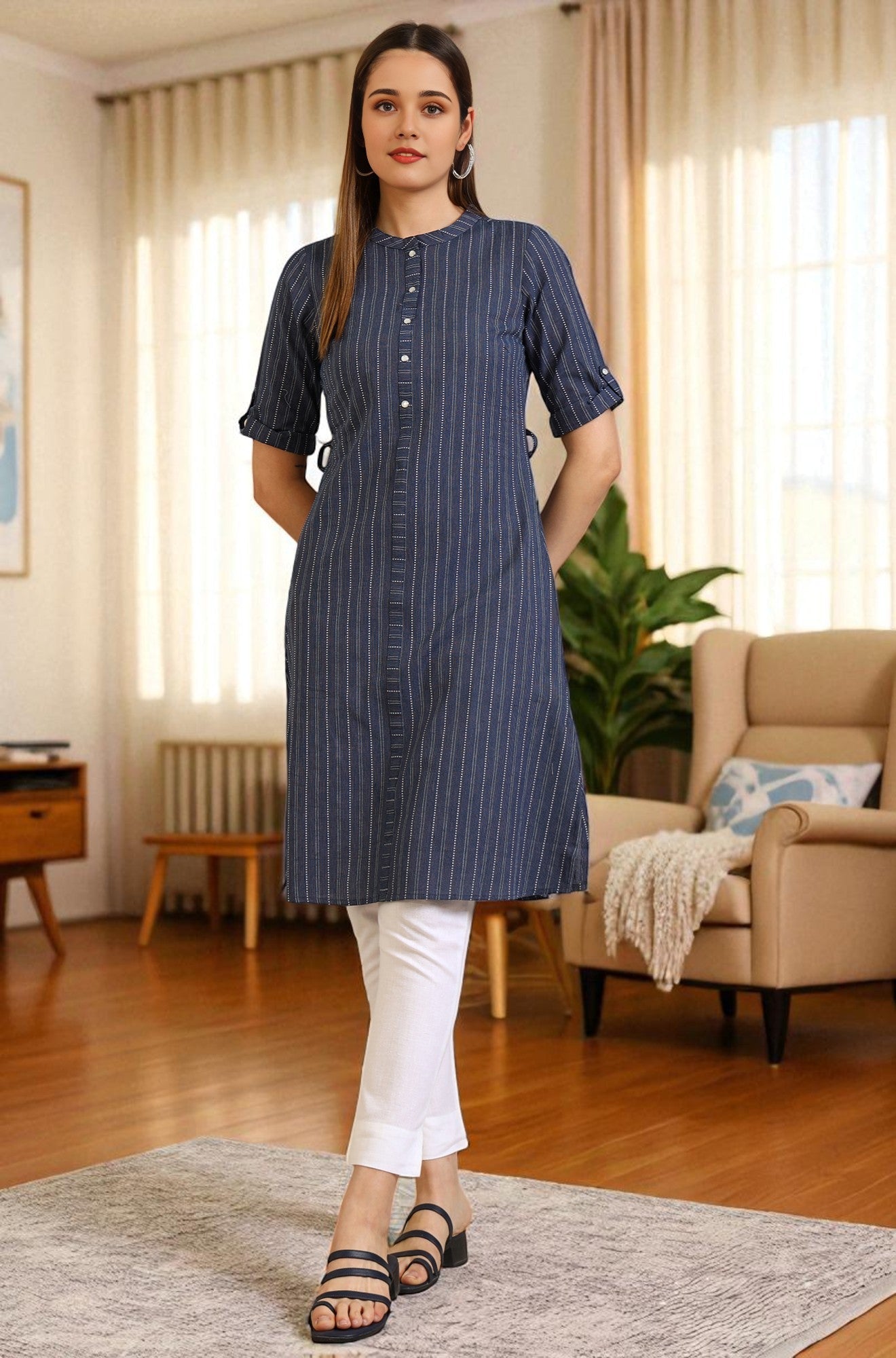 Blue Striped Pure Cotton Mandarin Collar Straight Kurta