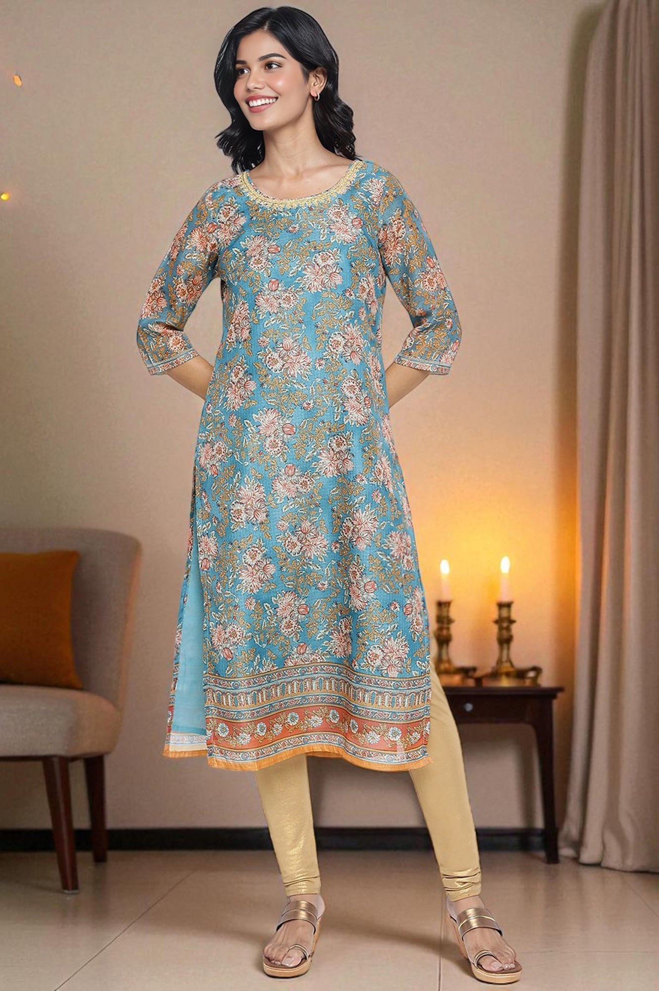 Blue Botanical Printed Dori Embroidery Straight Kota Kurta