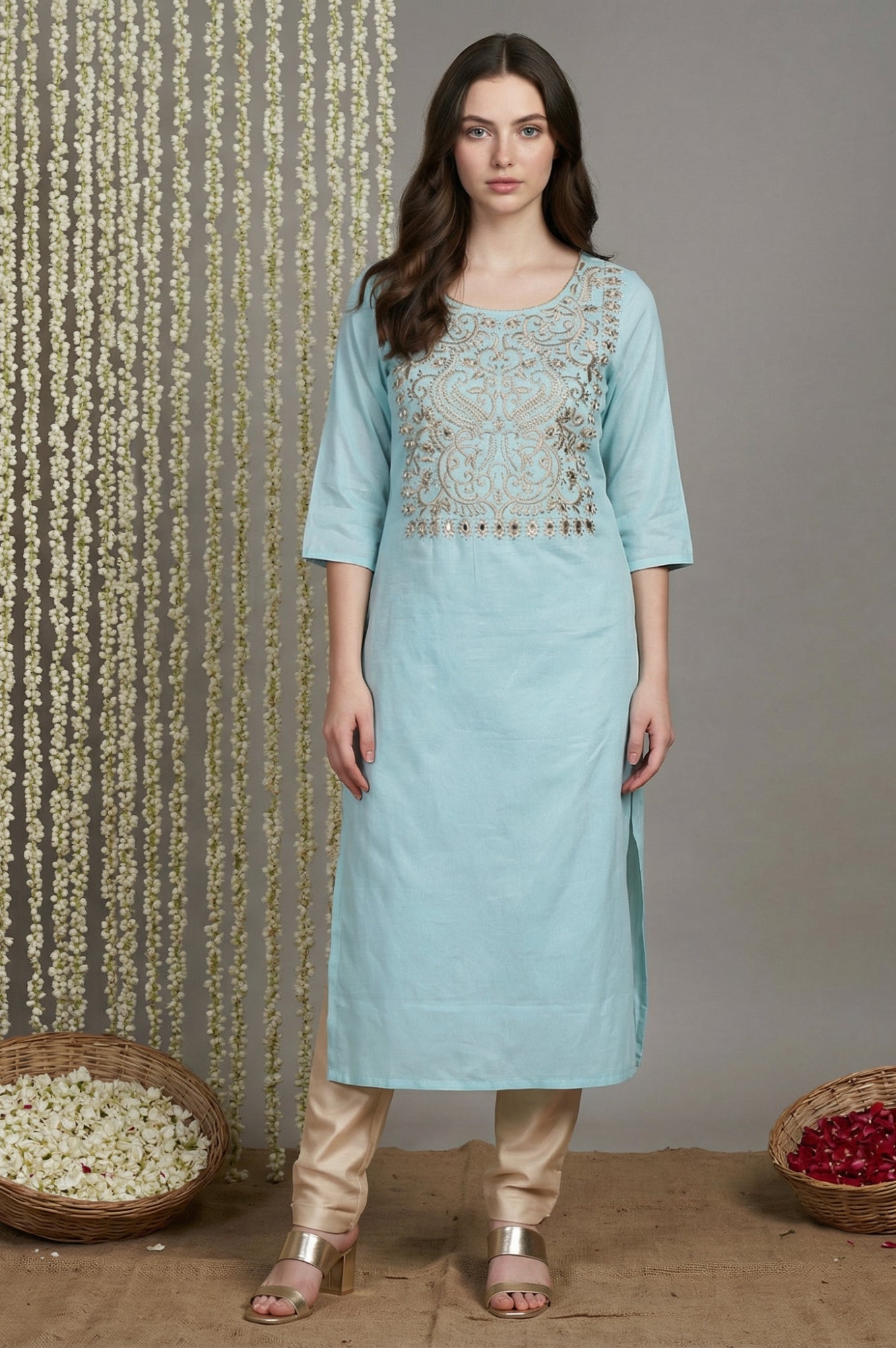 Light Blue Embroidered Mirror work Straight Kurta