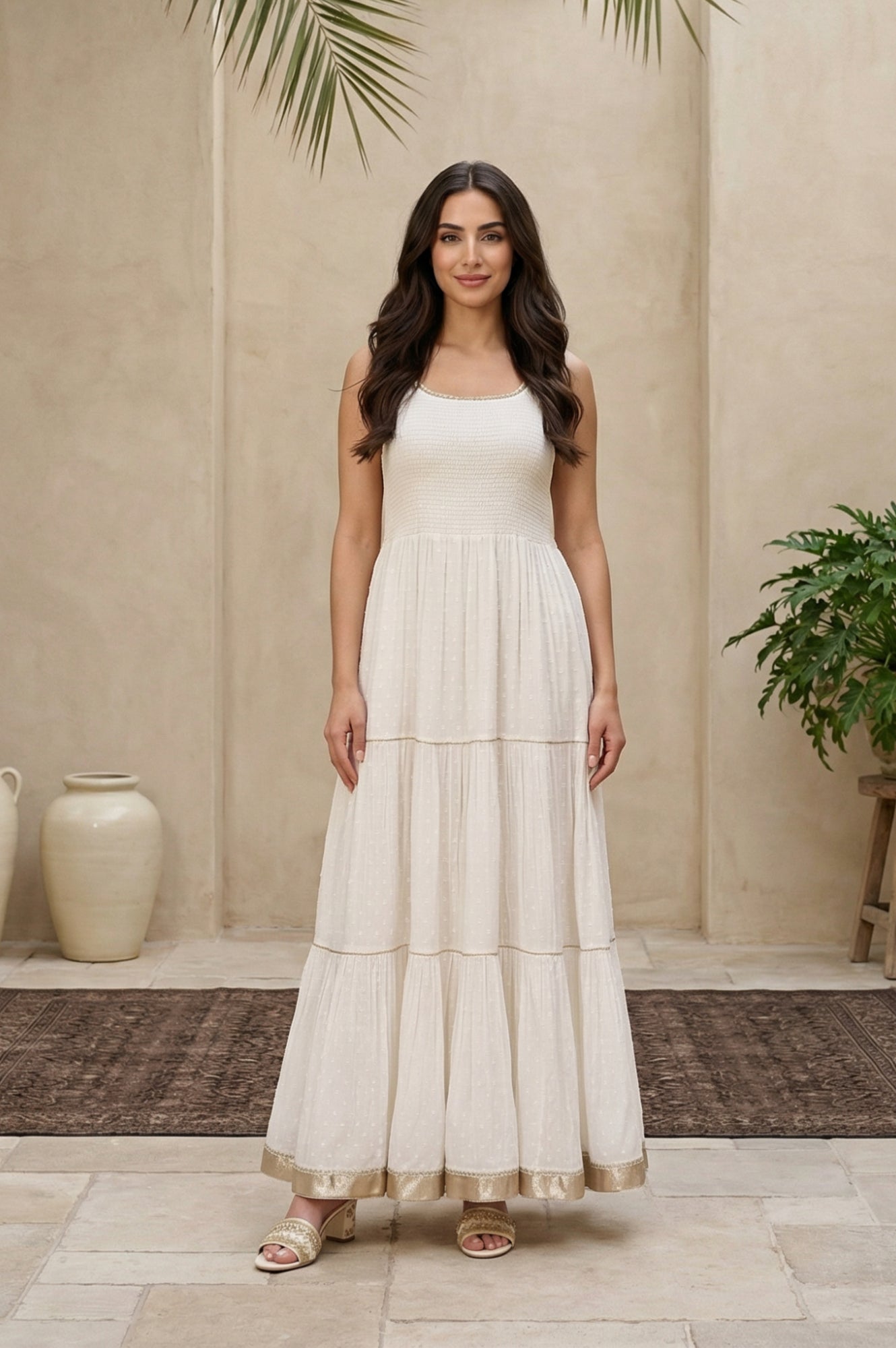 Off White Smocking Yoke Cotton Blend Flared Dress