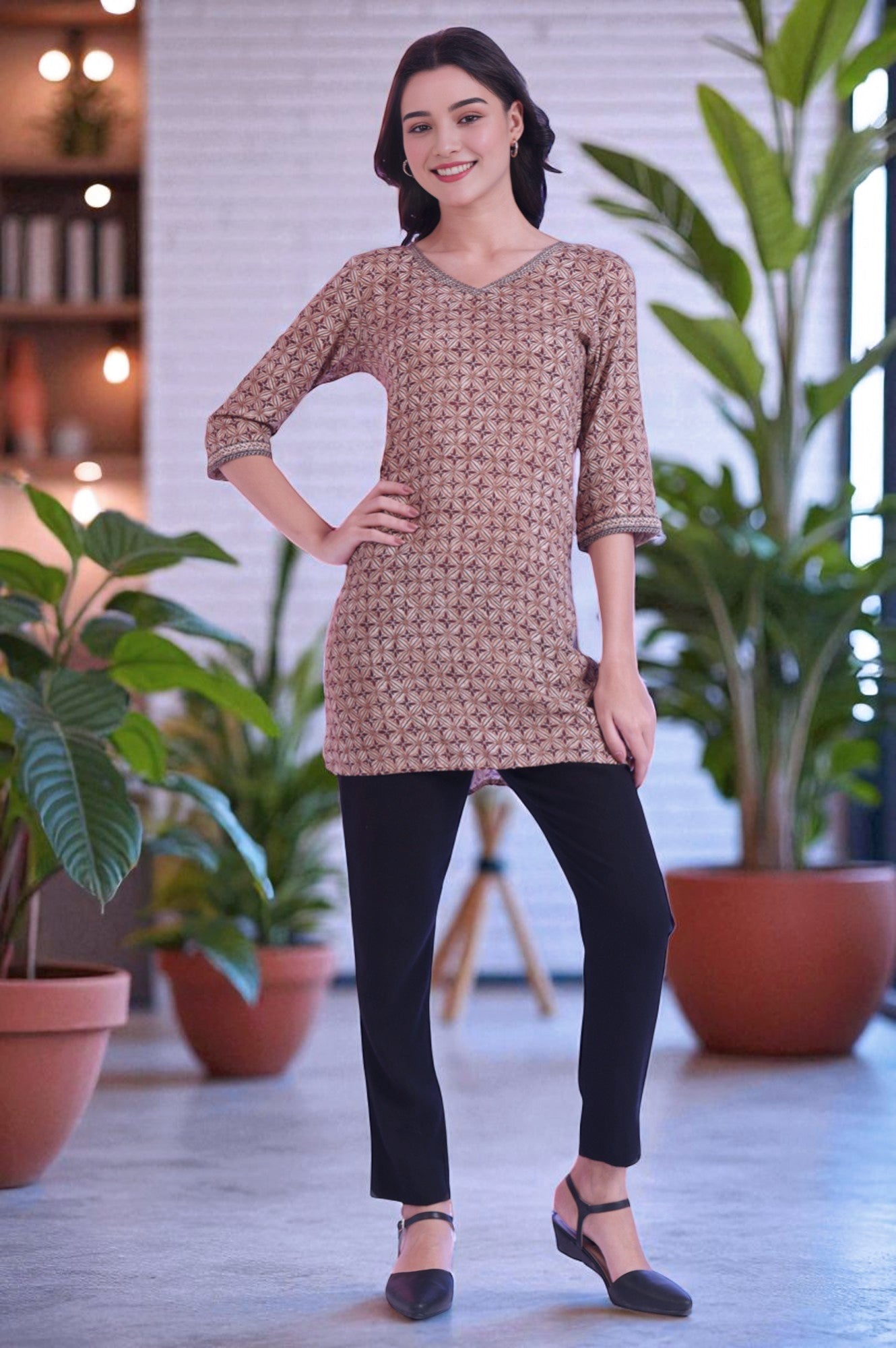Brown Printed Straight Modal Kurti