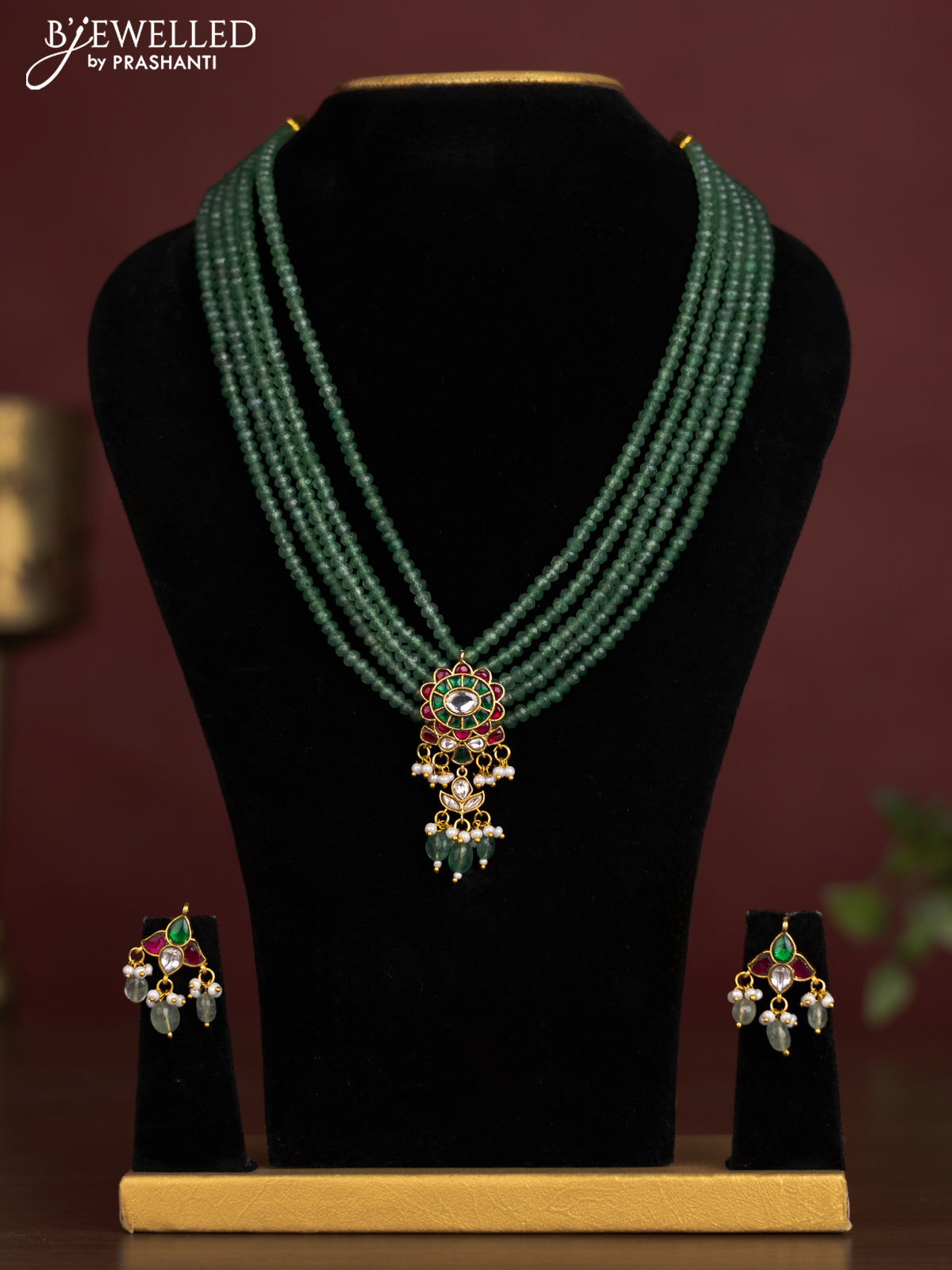 Antique beaded green necklace floral pendant with jadau kundan stones and pearl & beads hangings