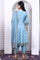 Blue Abstract Printed Beads Jacquard Anarkali Kurta, Palazzo and Dupatta Set