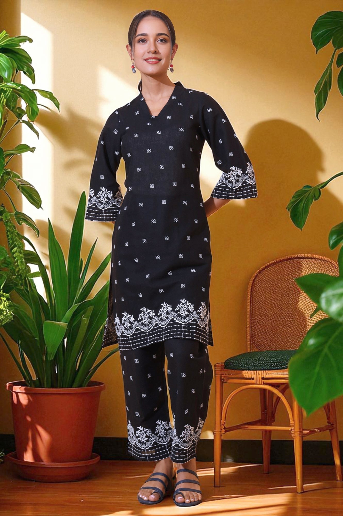 Black Schiffli Embroidered Pure Cotton Straight Kurta and Palazzo Co-ord Set