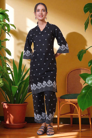 Black Schiffli Embroidered Pure Cotton Straight Kurta and Palazzo Co-ord Set