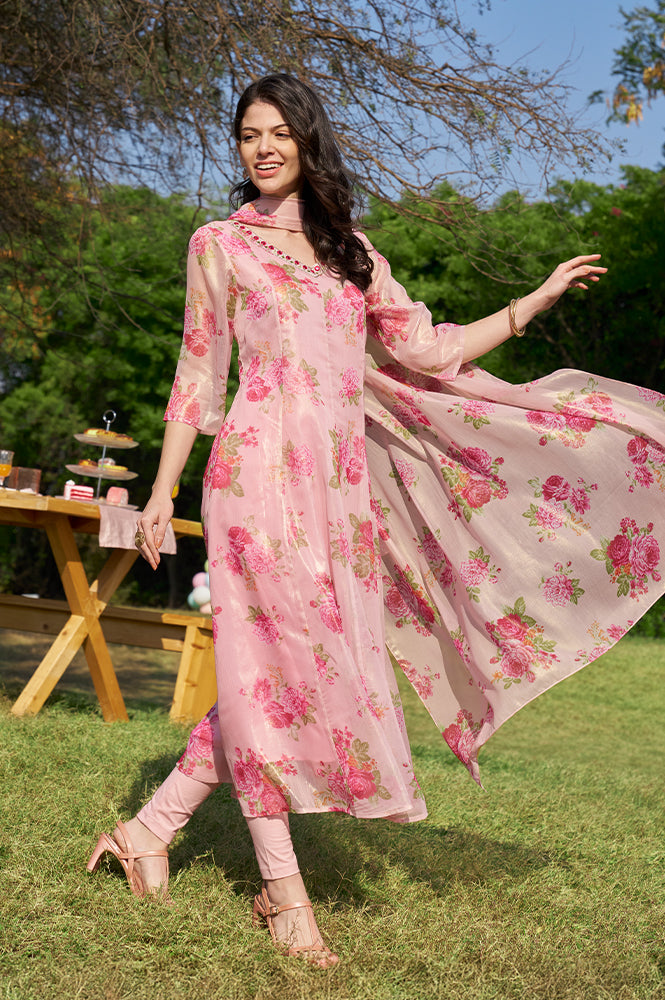 Apricot Pink Floral Printed Sheer Anarkali Kurta, Leggings and Dupatta Set