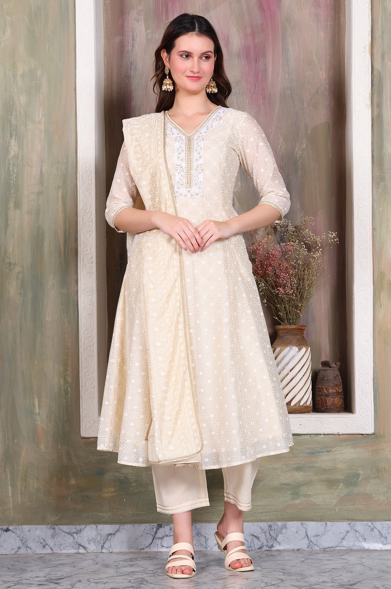 Beige Foil Printed Sequinned A-Line Kurta, Pant and Stole Set