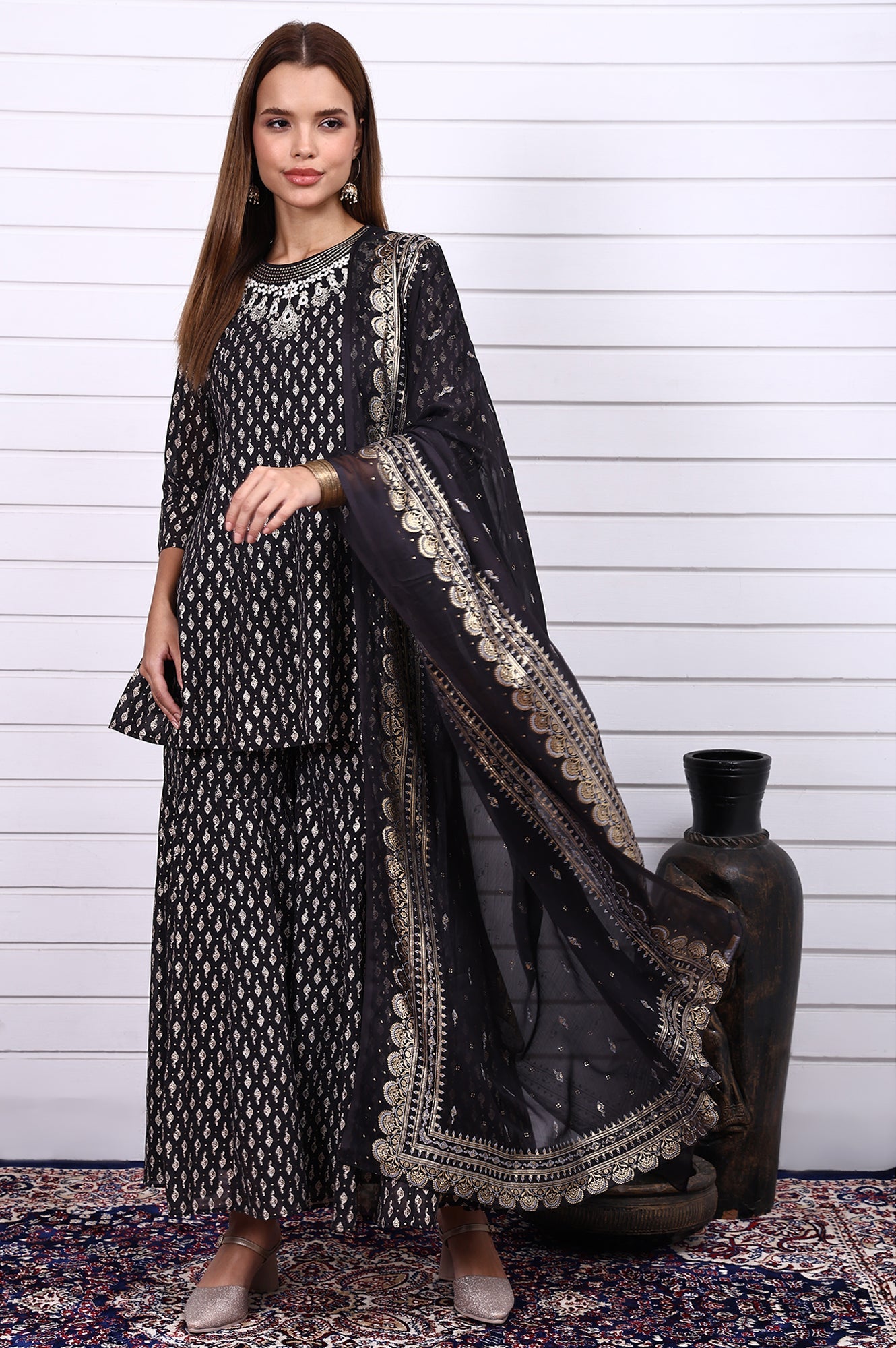 Black Ethnic Motifs Zari Embroidered Flared Kurta, Sharara and Dupatta Set