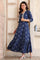 Blue Dyed Thread Embroidered Flared Cotton Blend Dress and Jacket Set